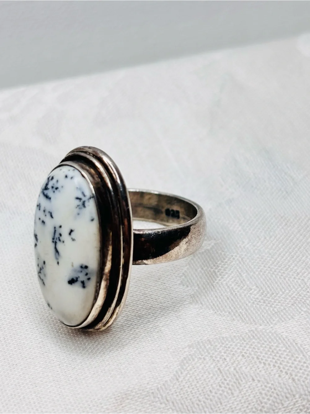 Large Dendritic Opal Ring Vintage Unisex Genuine 925 Sterling Size 10.25
